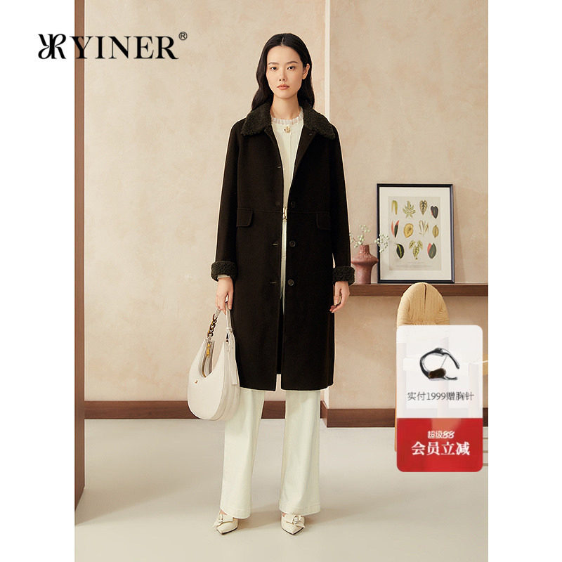 YINER音儿专选女装春季中长款颗粒绒翻领纯羊毛呢大衣外套