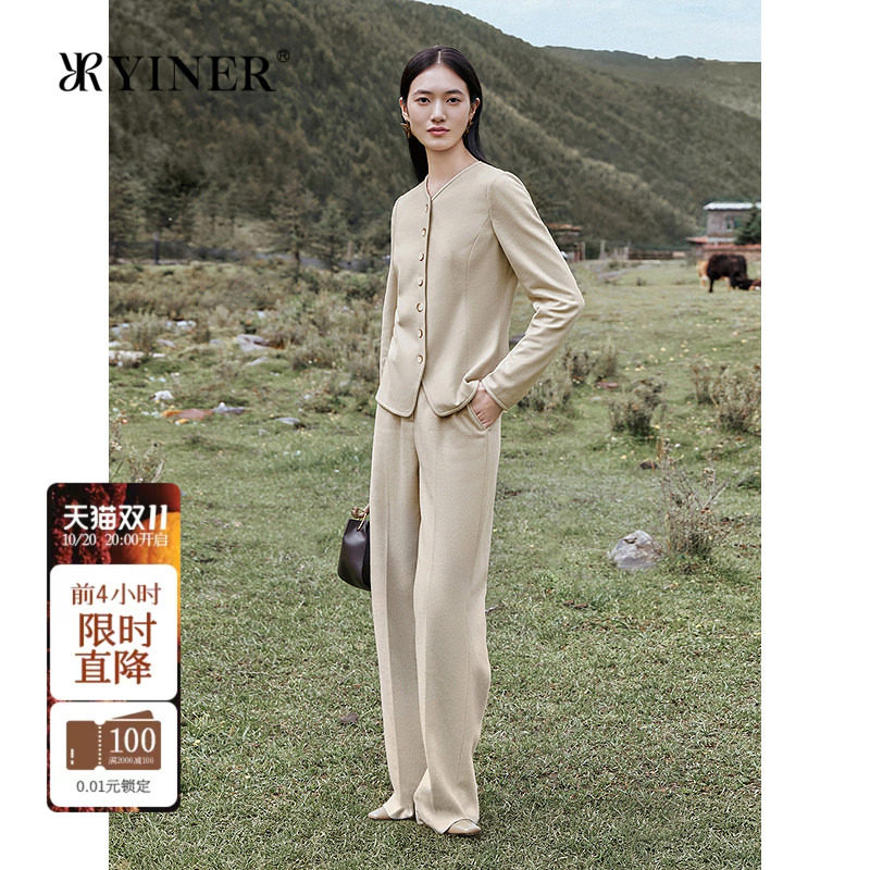 YINER音儿女装冬季法式舒简羊毛羊绒混纺V领直排扣短款外套