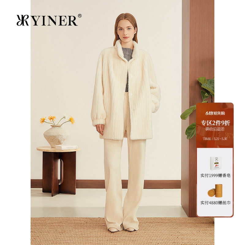 YINER音儿专选女装秋季中长款H型小立领仿水貂环保皮草外套