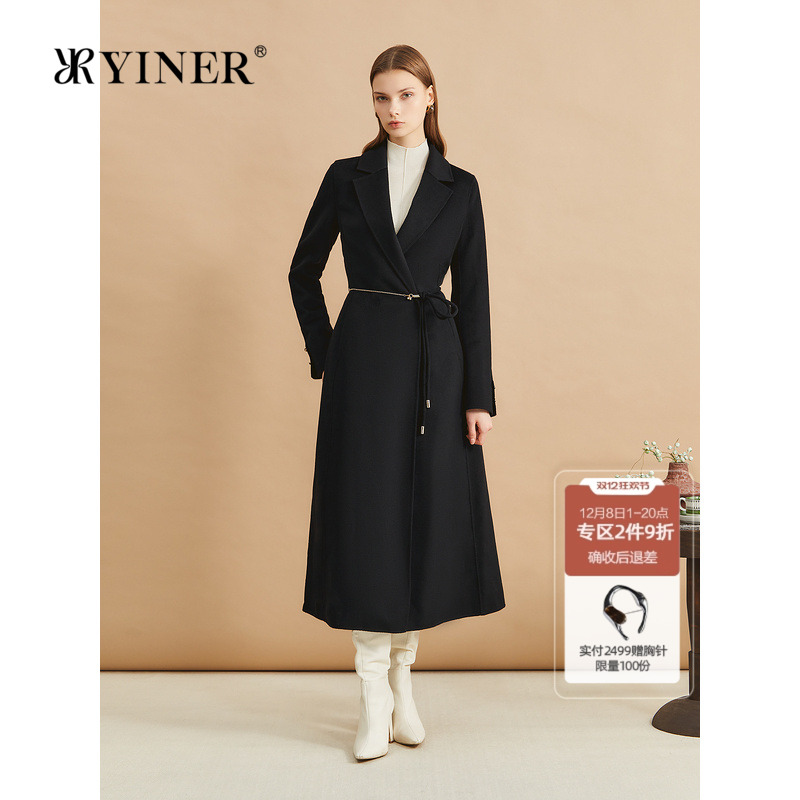 YINER音儿女装冬季法式长款系带收腰羊毛羊绒混纺双面呢大衣外套
