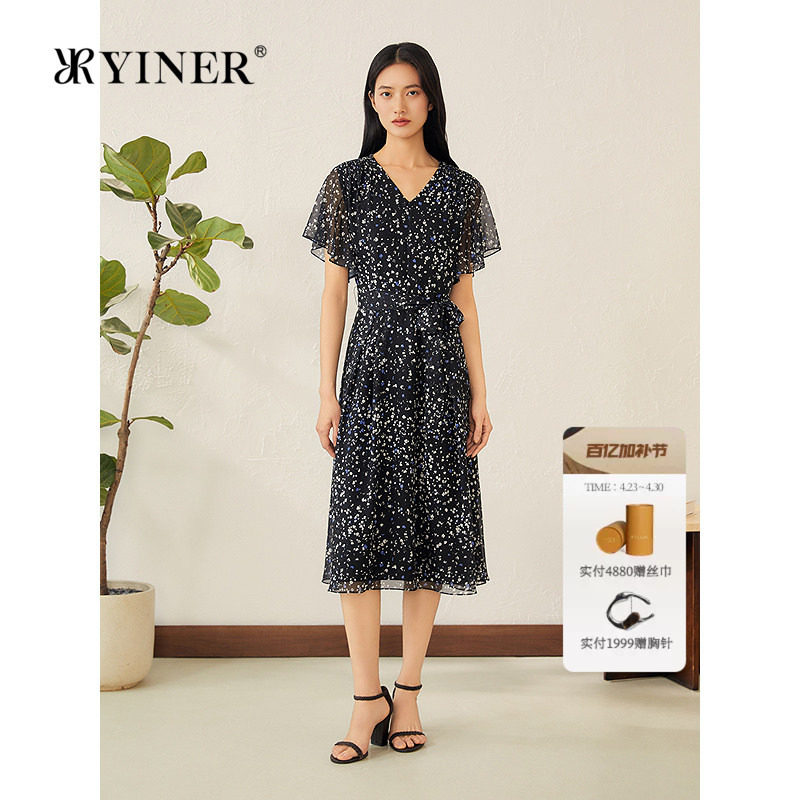 YINER音儿专选女装夏季法式荷叶袖繁星印花雪纺A字连衣裙