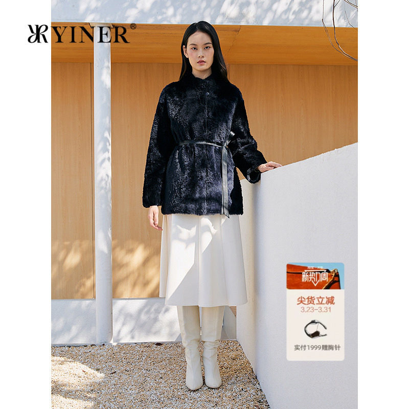 YINER音儿专选2025冬季新款一手长立领羊皮毛一体皮草外套