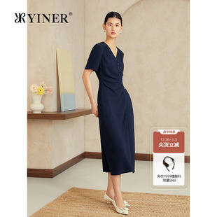法式 新款 YINER音儿2025夏季 交叠领S型收腰气质连衣裙 醋酸系列