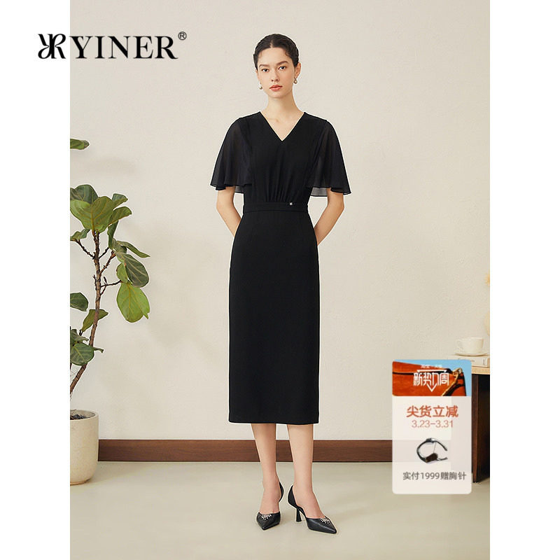 YINER音儿女装秋季优雅小黑裙醋酸混纺雪纺荷叶袖收腰连衣裙