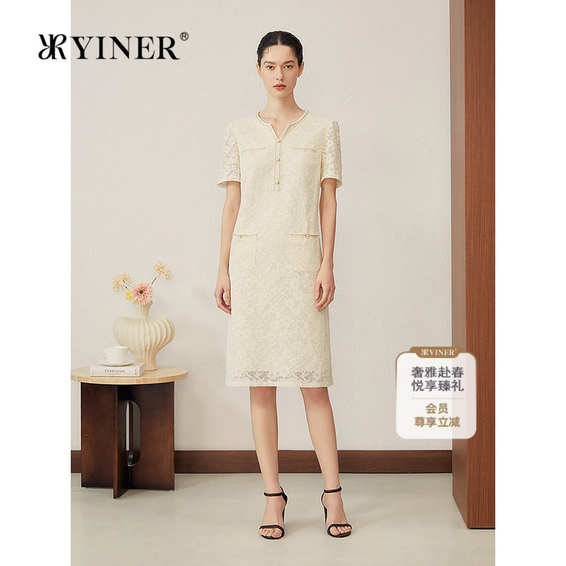 YINER音儿专选女装夏季法式烫金立体蕾丝花朵优雅直身连衣裙