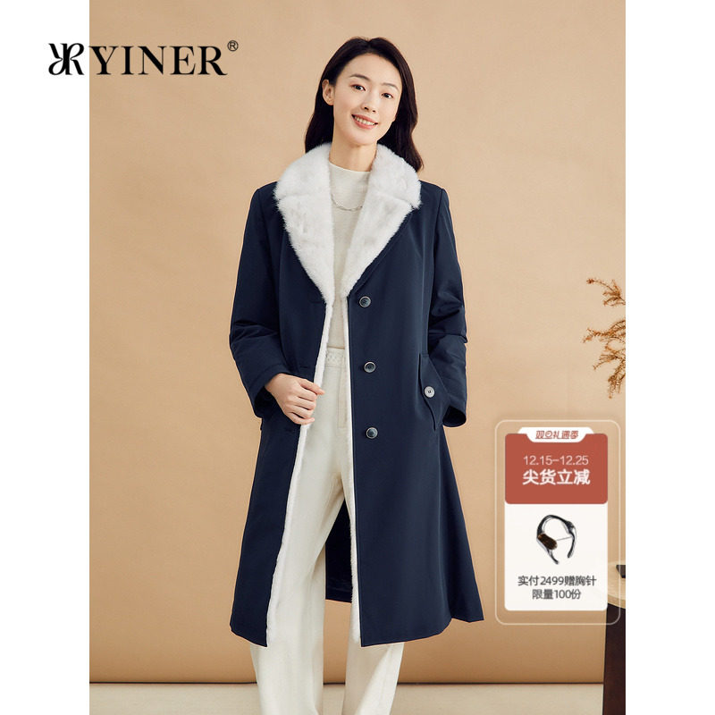 YINER音儿专选女装冬季长款防风保暖水貂毛西装翻领派克服皮草