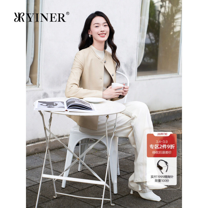 YINER音儿专选女装秋季新中式镂空圆领收腰绵羊真皮皮衣夹克外套