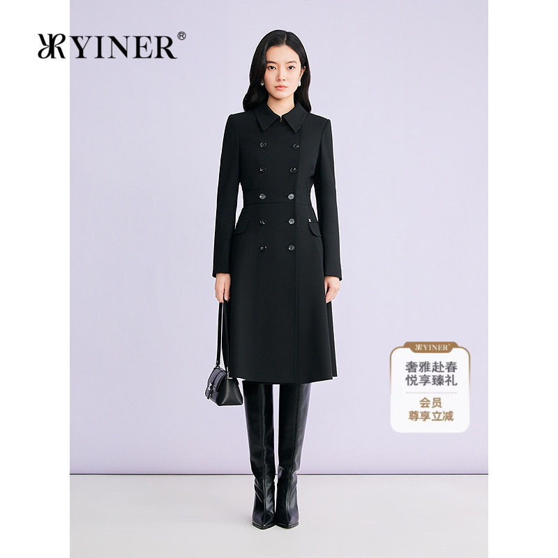 YINER音儿专选2026春季新款时尚赫本风廓形翻领双排扣收腰连衣裙