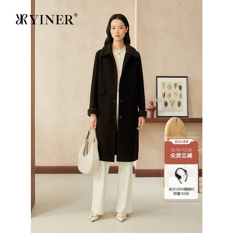 YINER音儿专选2025春季新款中长款颗粒绒翻领纯羊毛呢大衣外