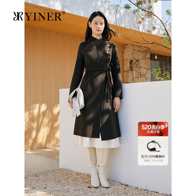 YINER音儿专选女装冬季纽扣斜门襟羊毛羊绒混纺双面呢大衣