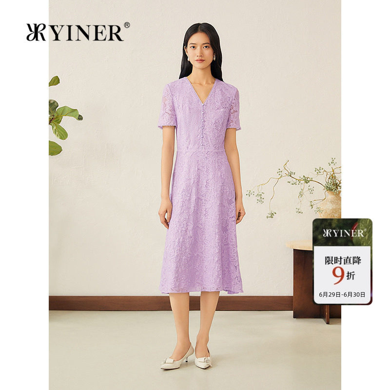 YINER音儿专选女装夏季法式V领蝶恋花蕾丝优雅雪纺压褶连衣裙