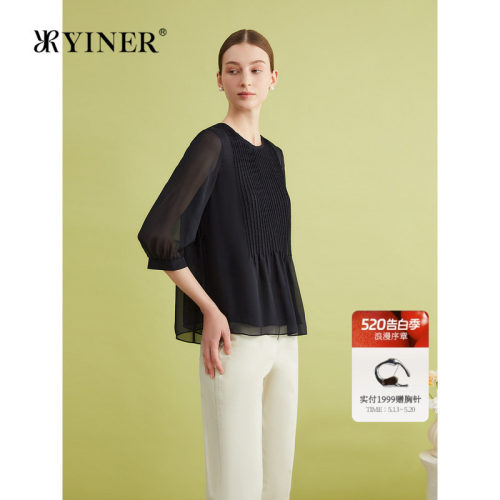 【真丝系列】YINER音儿专选女装夏季法式风琴褶100桑蚕丝上衣