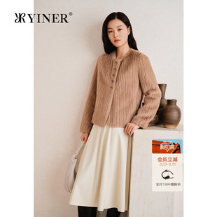 圆领金属扣饰保暖环保皮草外套 法式 YINER音儿专选女装 春季
