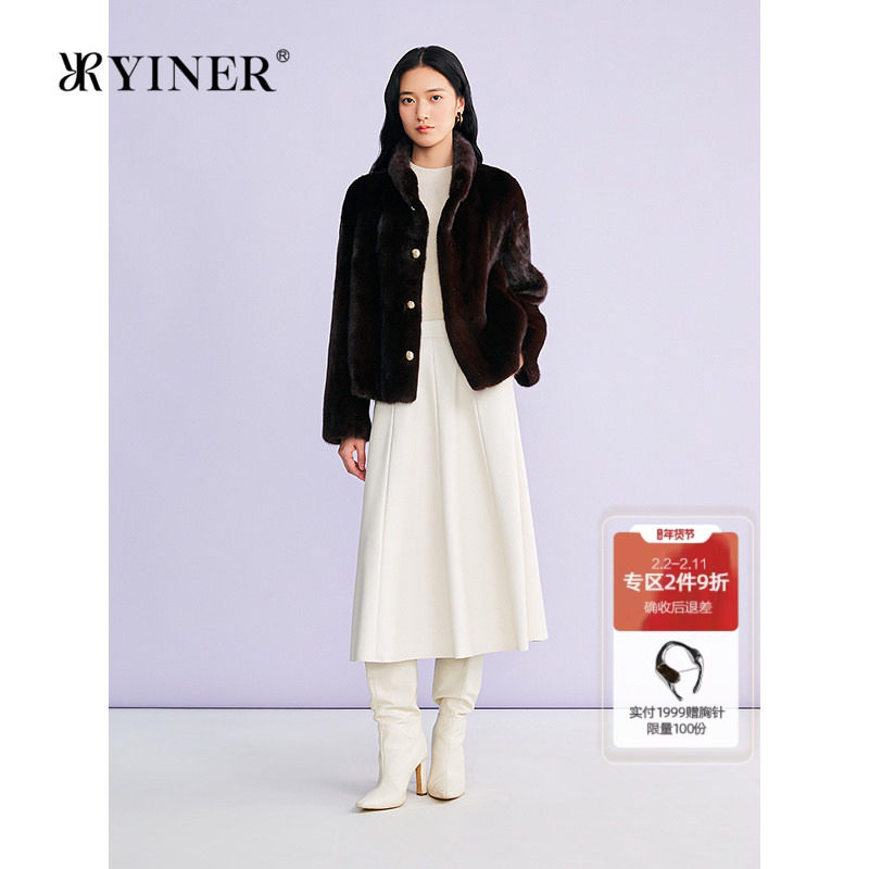 YINER音儿专选2026春季新款法式奢感短款立领母貂水貂毛皮草