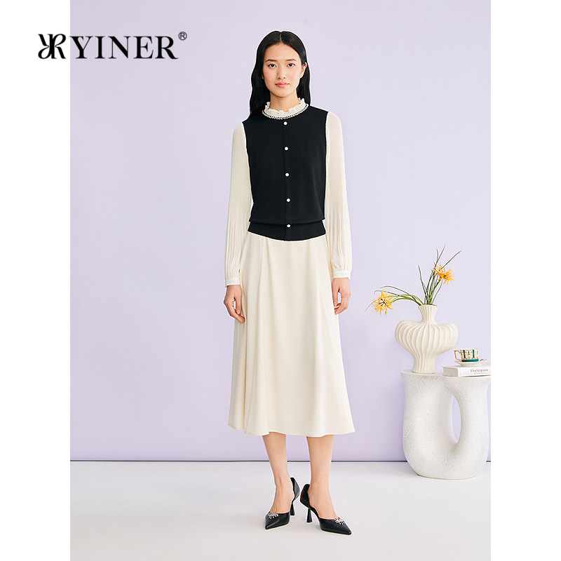 YINER音儿专选2026春季新款钉珠装饰荷叶边领拼接雪纺袖针织