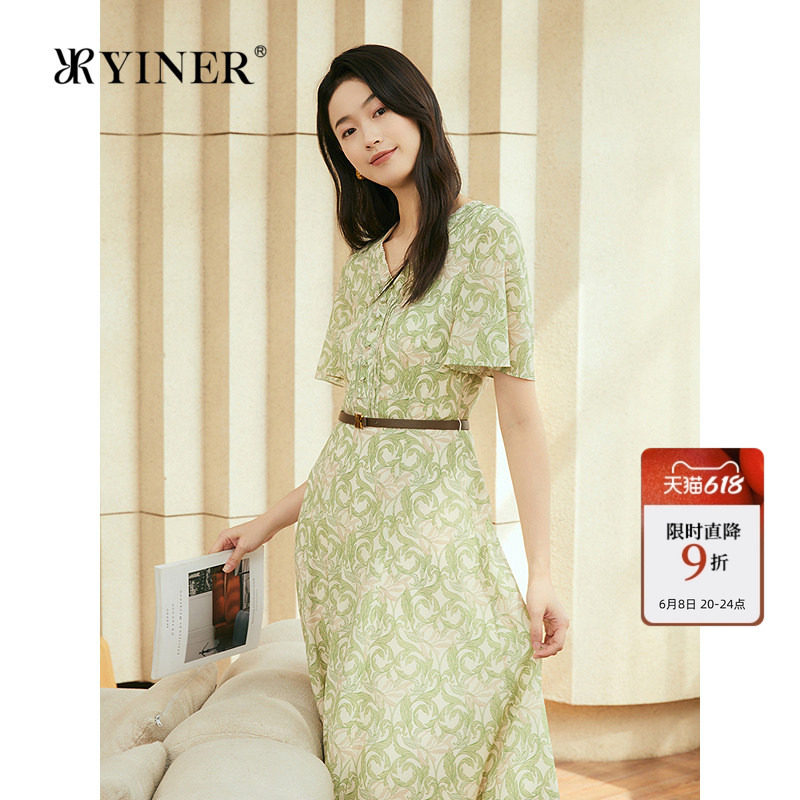 YINER音儿女装夏季优雅V领高腰印花弹力桑蚕丝混纺连衣裙