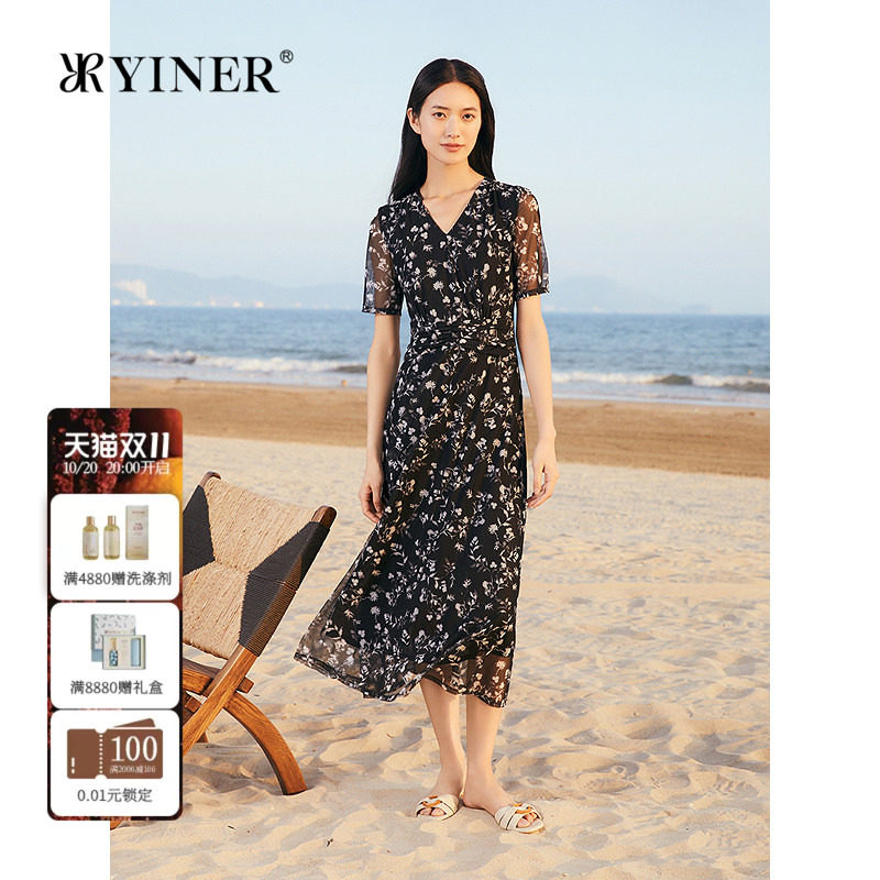 YINER音儿专选女装夏季时尚轻盈网纱蒲公英印花优雅百搭连衣裙女