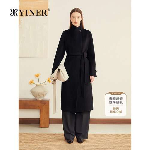 YINER音儿专选女装秋季法式翻立领羊毛羊绒混纺双面呢大衣