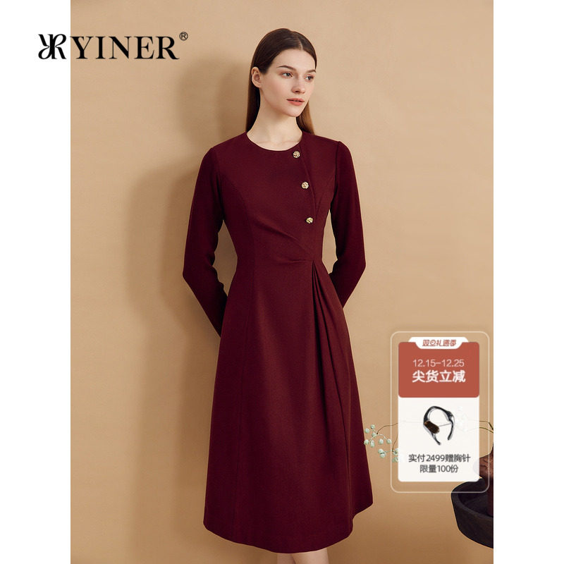 【中国红】YINER音儿专选冬季羊毛侧门禁捏褶收腰连衣裙