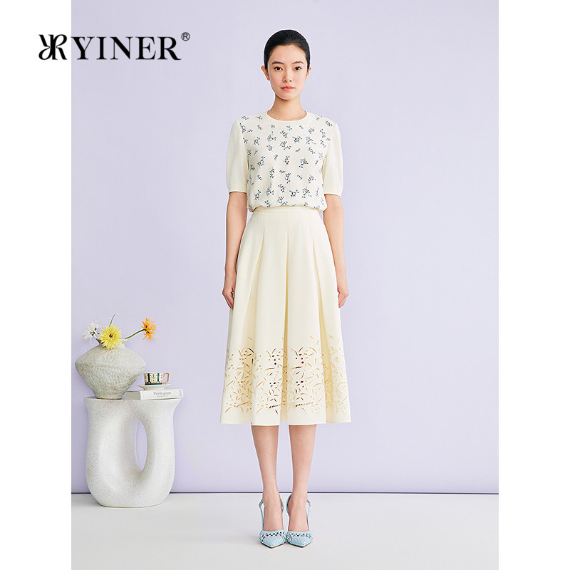 YINER音儿2026春季新款时尚优雅通勤重工刺绣醋酸混纺A字半