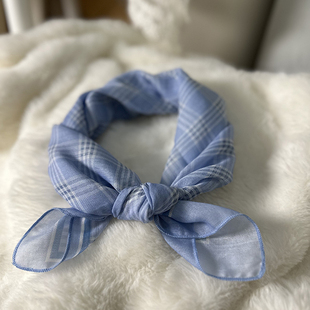 甜美蓝色格子棉麻小丝巾女春秋季韩版百搭薄款小方巾装饰领巾头巾