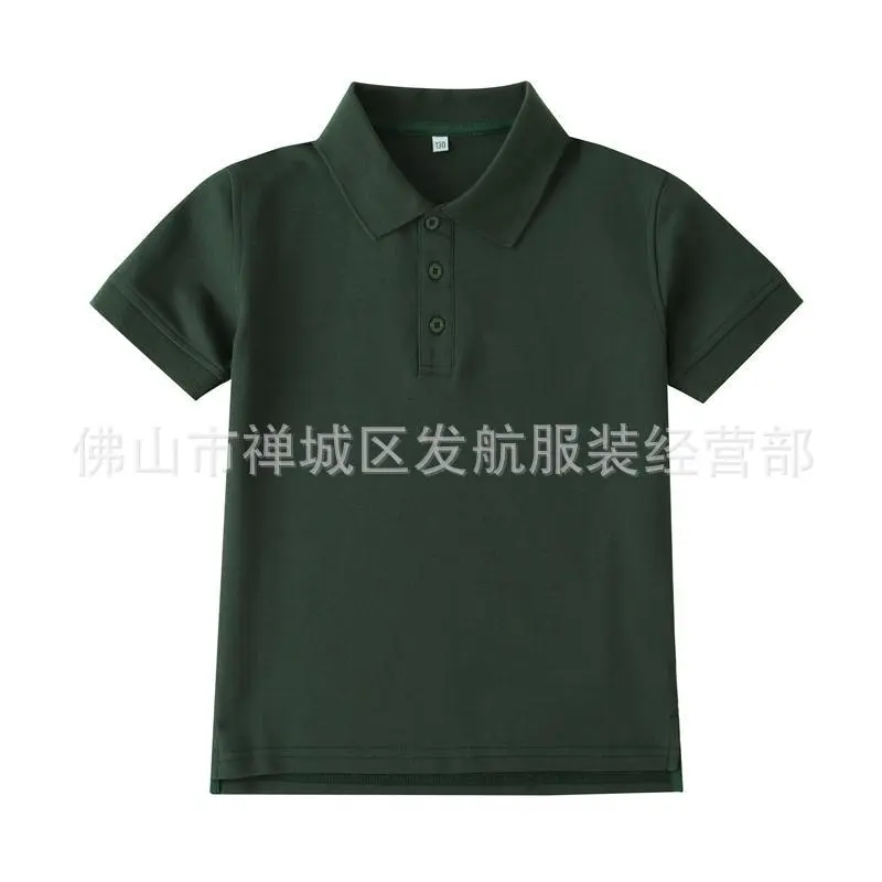 英伦风夏季小学生墨绿色班服polo衫 男女童纯绿短袖T恤
