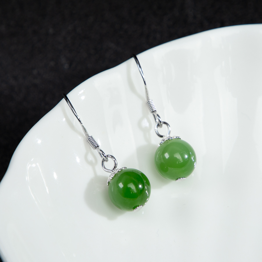 简约S925银镶天然和田玉碧玉圆珠玉石耳坠时尚珠宝女款耳饰带证书