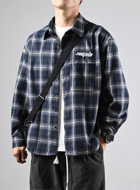 XGI潮牌刺绣长袖衬衫日系2025秋季男女款复古格子情侣装衬衣