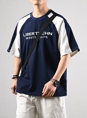 XGI字母印花拼接线条短袖T恤男夏季ins潮牌宽松纯棉休闲打底上衣