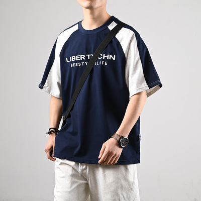 XGI字母印花拼接线条短袖T恤男夏季ins潮牌宽松纯棉休闲打底上衣