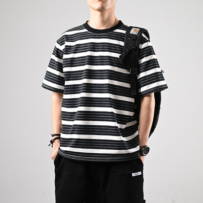 XGI夏季潮牌撞色条纹圆领短袖T恤男女复古宽松情侣百搭2025新款