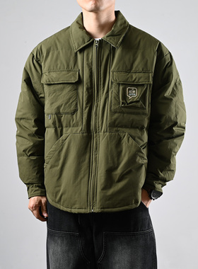 日系工装风翻领羽绒外套男军绿色多口袋宽松保暖外套流行潮牌