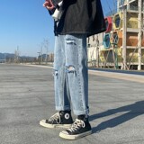 2025春季新款港风破洞宽松直筒牛仔裤男K140P40，男装牛仔裤，星座1108-1