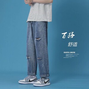 2025夏季破洞牛仔裤男潮流青少年痞帅百搭宽松九分裤 K140-P40图片