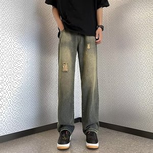 2025夏季新款男士牛仔裤直筒猫抓磨破休闲牛仔长裤 K729 P45图片