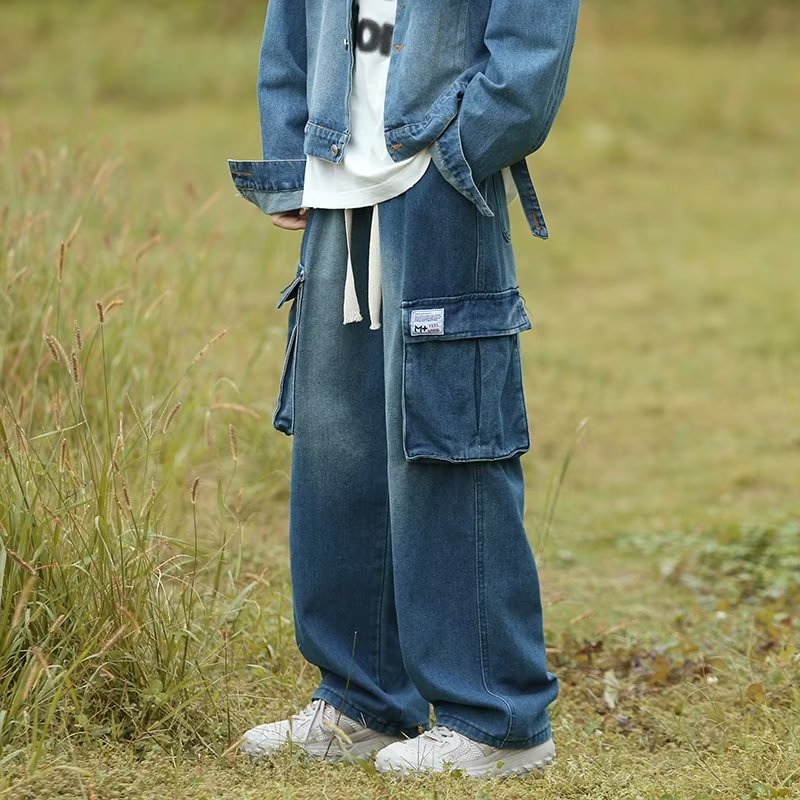 2025春新款高街飘带阔腿休闲裤宽松直筒拖地裤牛仔裤 K401 P45图片