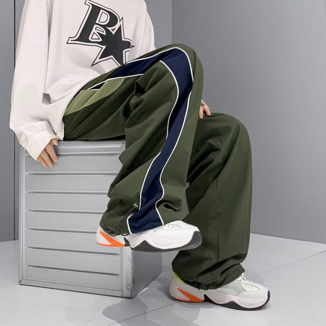 2025春夏美式拼接条纹运动裤男女直筒阔腿宽松休闲裤K21P45，女装休闲裤，星座1108-1