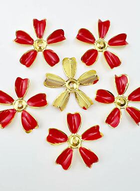 diy饰品配件30mm红色滴油五叶花中孔花朵中式婚礼秀禾服喜扇材料