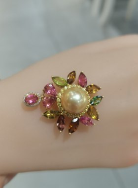 天然缅甸海水金珍珠配彩色碧玺黄色蓝宝石钻石18k金镶嵌吊坠12+