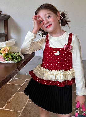 栀了成长记童装女童红色假两件T恤秋季新款儿童女宝波点花边上衣