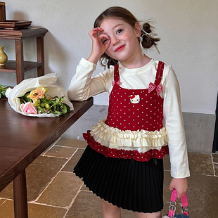 栀了成长记童装女童红色假两件T恤秋季新款儿童女宝波点花边上衣