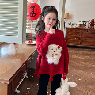 栀了成长记童装女童红色洋气新年毛衣新款儿童宝宝卡通过年针织衫