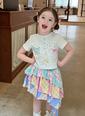 栀了成长记童装女童白色字母立体刺绣短袖T恤夏季儿童蝴蝶结体恤