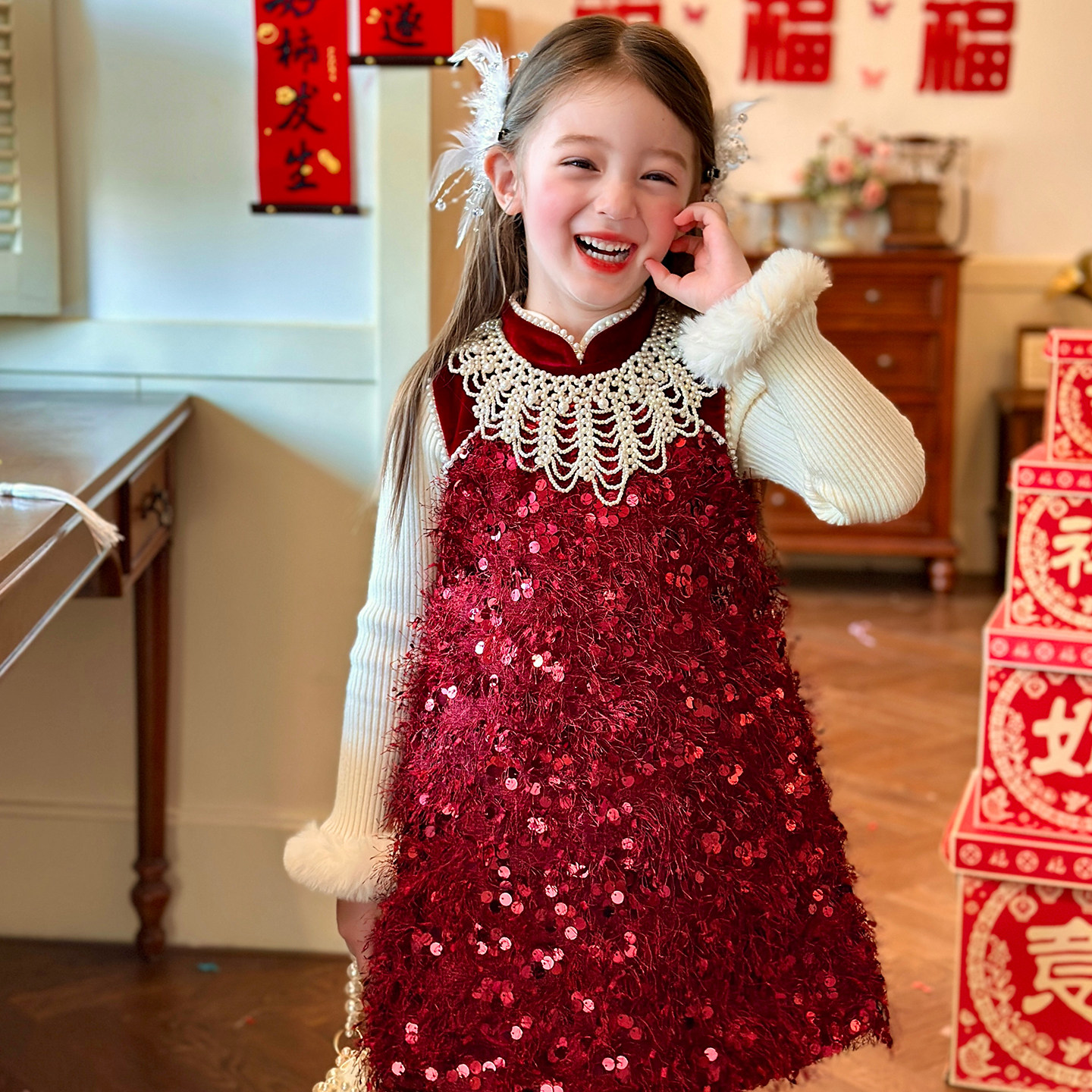 栀了成长记女童装红色亮片背心裙2025冬季儿童新年夹棉丝绒连衣裙,童装/婴儿装/亲子装,连衣裙,淘宝优惠券,粉丝福利购,淘宝优惠卷