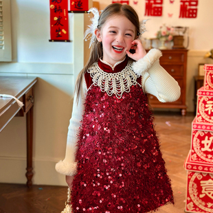 栀了成长记女童装红色亮片背心裙2025冬季儿童新年夹棉丝绒连衣裙