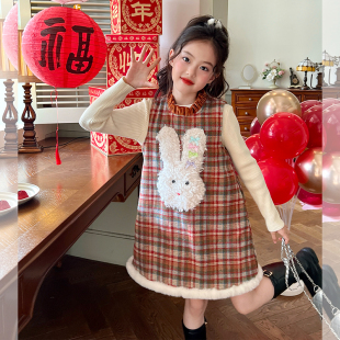 栀了成长记童装女童毛呢格子背心裙秋冬儿童裙子宝宝加绒连衣裙