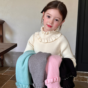 栀了成长记女童装坑条针织上衣春季新款儿童女宝荷叶边珍珠打底衫