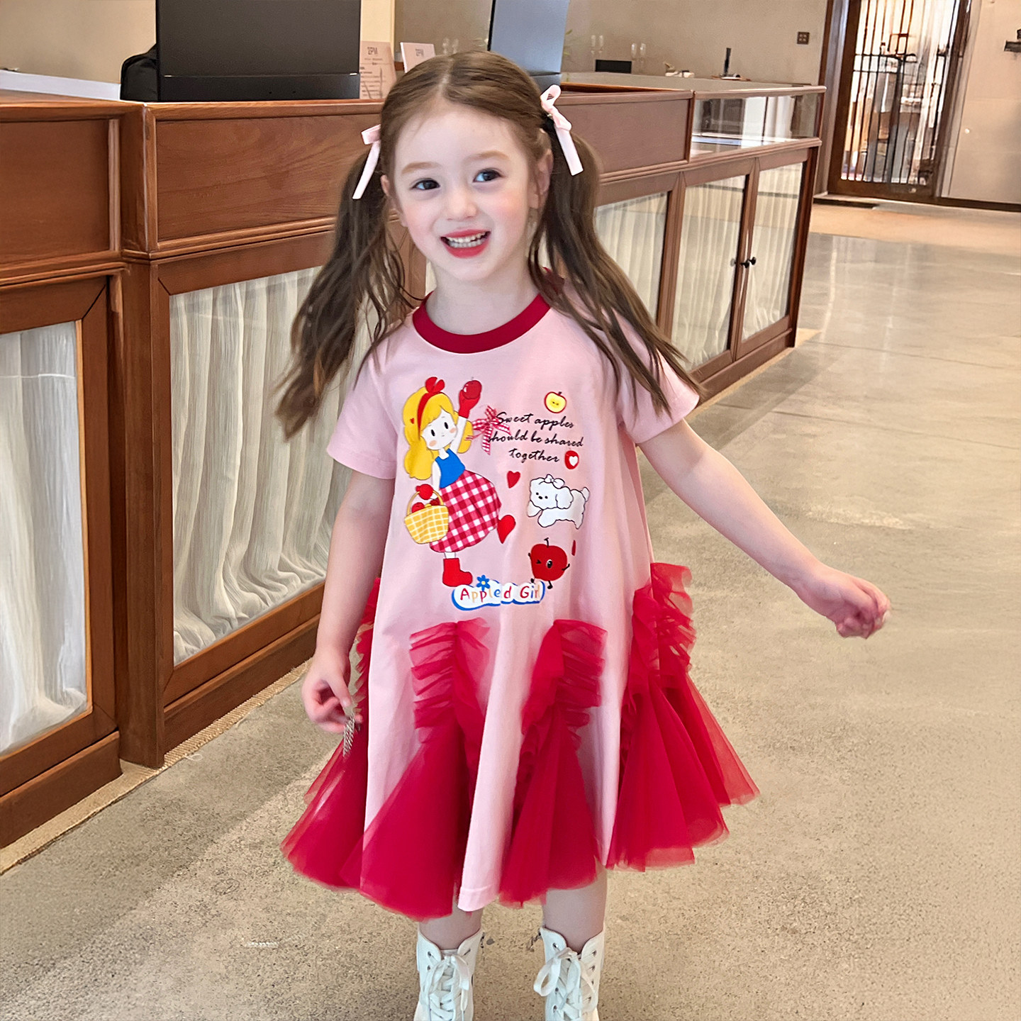 栀了成长记童装女童卡通粉色连衣裙儿童女宝拼接网纱公主T恤裙子,童装/婴儿装/亲子装,连衣裙,淘宝优惠券,粉丝福利购,淘宝优惠卷