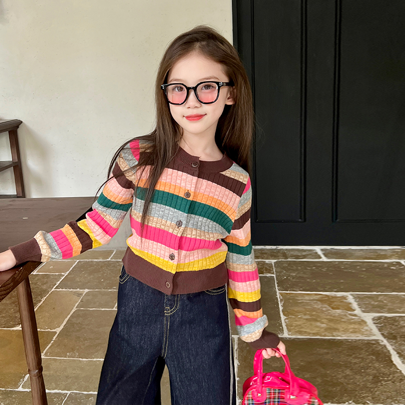 栀了成长记童装女童彩虹条纹洋气针织衫春秋儿童宝宝毛衣开衫外套