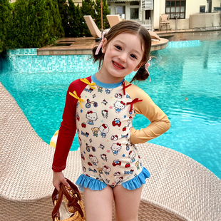 防晒泳衣儿童宝宝荷叶边连体泳装 栀了成长记童装 女童卡通撞色长袖